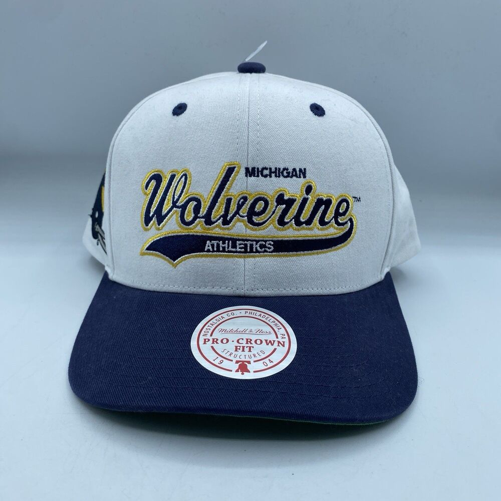 Michigan Wolverines Mitchell & Ness Hat Pro Crown Snapback White Blue NCAA NWT